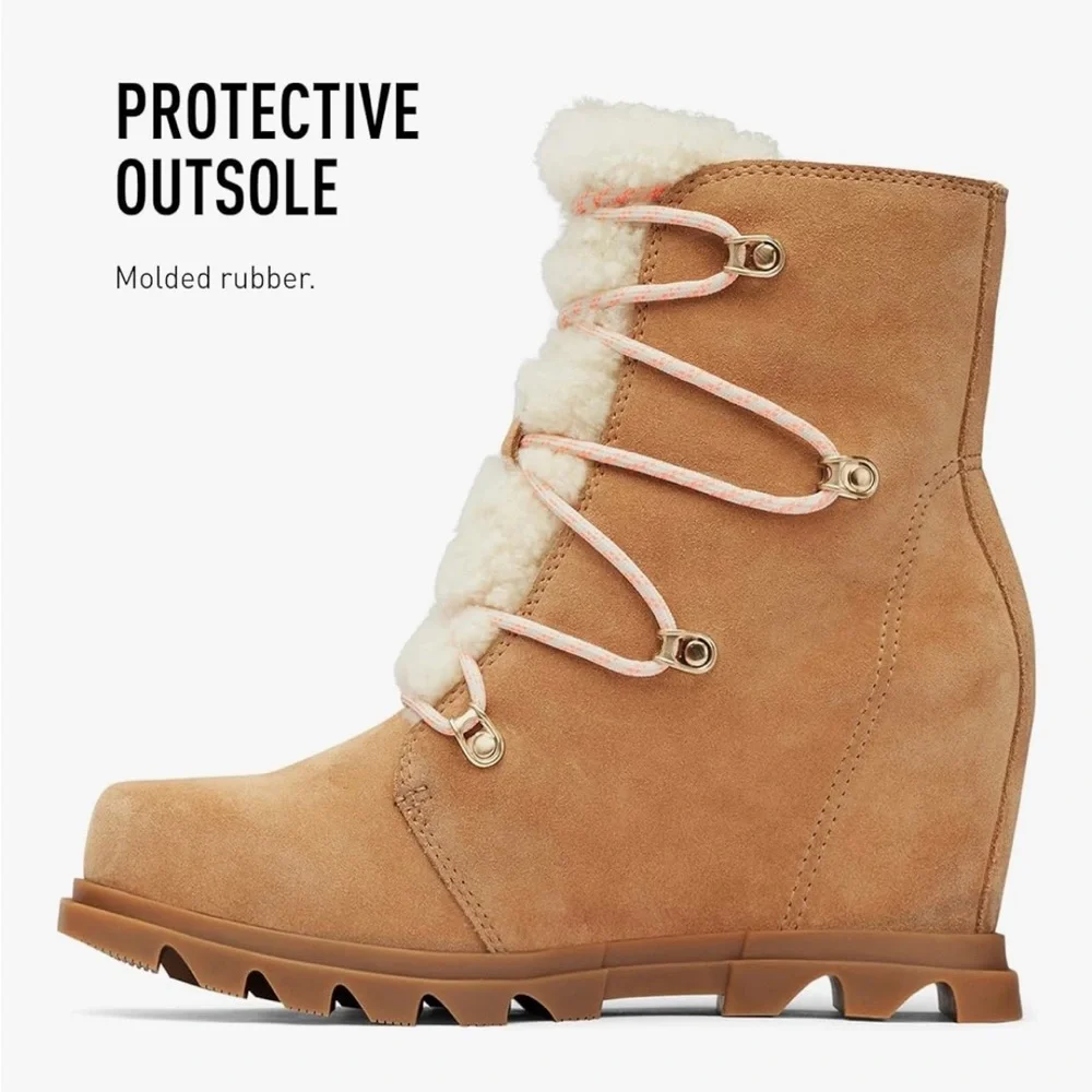 Sorel Joan of Artic Wedge Lace Up Fur Boots Tan EUC - Picture 4 of 13